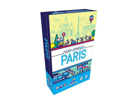 Next Station Paris game by Blue Orange U.S.A. featuring a colorful design that depicts Paris landmarks and a bustling underground transport theme. The game's packaging showcases iconic visuals, such as the Eiffel Tower and local city elements, appealing to players aged 8 and up. Ideal for family game nights, it encourages strategic thinking and collaboration among 2 to 5 players, with a playtime of approximately 25 minutes.