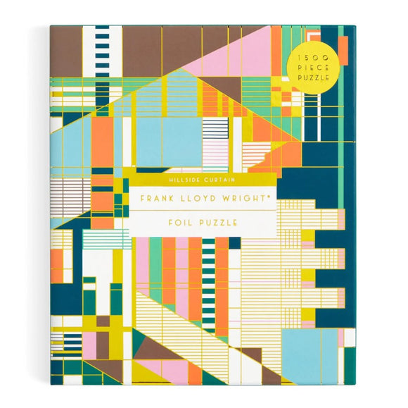 Frank Lloyd Wright Hillside Curtain jigsaw puzzle by Galison featuring a vibrant and colorful design with intricate geometric patterns. The puzzle has 1500 pieces and is highlighted with foil accents, making it a stunning visual experience.
