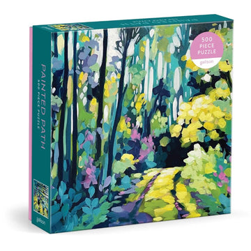 The Painted Path jigsaw puzzle by Galison features a vibrant, impressionistic scene of a path winding through lush greenery and blooming flowers. This 500-piece puzzle showcases colorful trees and a bright, inviting trail, perfect for nature lovers and puzzle enthusiasts alike.