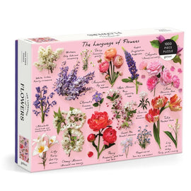 Language of Flowers 1000-piece jigsaw puzzle by Galison, featuring beautifully illustrated flowers such as daisies, roses, and peonies, each labeled with their meanings on a pink background, perfect for flower enthusiasts and puzzle lovers.