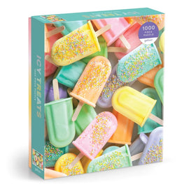 Icy Treats 1000-piece jigsaw puzzle by Galison featuring a colorful assortment of popsicles and frozen desserts in vibrant hues of yellow, pink, green, and blue, adorned with rainbow sprinkles.