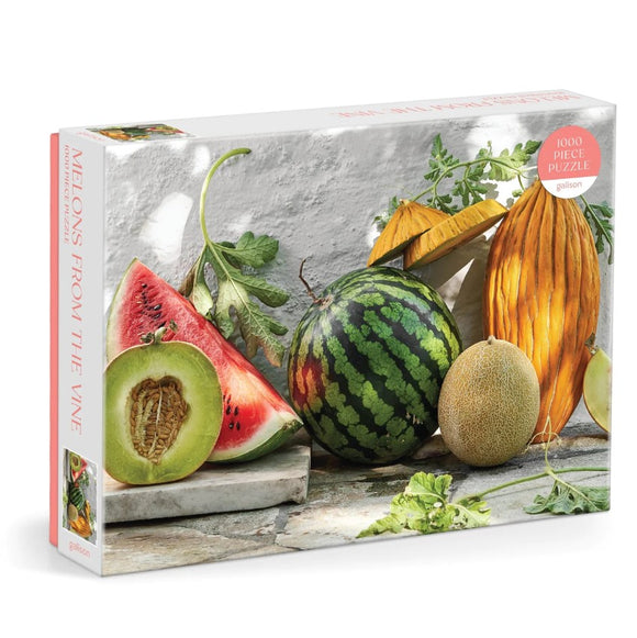 Jigsaw puzzle titled 'Melons from the Vine' by Galison, featuring a colorful assortment of melons including watermelon, cantaloupe, and honeydew, beautifully displayed on a textured white background. The puzzle contains 1000 pieces, inviting puzzle enthusiasts to enjoy a vibrant and refreshing challenge.