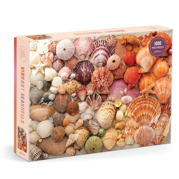 A vibrant 1000-piece jigsaw puzzle featuring an array of colorful seashells, including starfish and various shell patterns, beautifully arranged on the box cover by Galison.