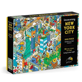 The Uncovering New York City Search & Find Puzzle by Galison features a vibrant illustration of New York City, showcasing various iconic landmarks and playful characters in a colorful, engaging design. This 1000-piece jigsaw puzzle invites players to search for 50 hidden items, making it an exciting challenge for puzzle enthusiasts and city lovers alike.