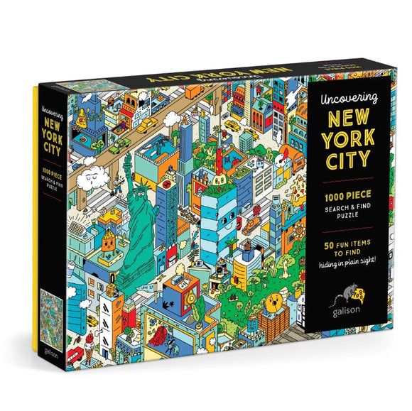 The Uncovering New York City Search & Find Puzzle by Galison features a vibrant illustration of New York City, showcasing various iconic landmarks and playful characters in a colorful, engaging design. This 1000-piece jigsaw puzzle invites players to search for 50 hidden items, making it an exciting challenge for puzzle enthusiasts and city lovers alike.