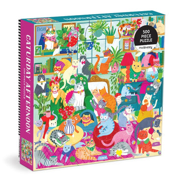 The 'Caturday Afternoon' jigsaw puzzle by Mudpuppy features a colorful illustration of numerous cats in a cozy indoor setting. The artwork showcases a variety of cat breeds, playful interactions, and vibrant decorative elements like plants and furniture, making it a delightful 500-piece puzzle for cat lovers.