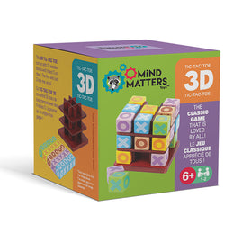3D Tic Tac Toe game by Piatnick showcased in its colorful packaging. The box displays vibrant cubes featuring Xs and Os stacked in a 3D arrangement. The design highlights the playful and engaging nature of the classic game suitable for 1-2 players aged 6 and above.