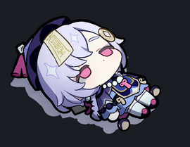 A cute, chibi-style sticker of Qiqi, a character with light purple hair, wearing a blue outfit with white accents and decorative elements. The character appears to be lying down with a serene expression, showcasing the detailed design and vibrant colors typical of high-quality stickers.