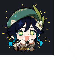 Venti Expectant Sticker by StickerYou, featuring a cute, chibi-style character with bright green eyes, wearing a green hat adorned with a feather and a flower. The character expresses joy with an open smile and outstretched hands, surrounded by playful sparkles against a dark background.