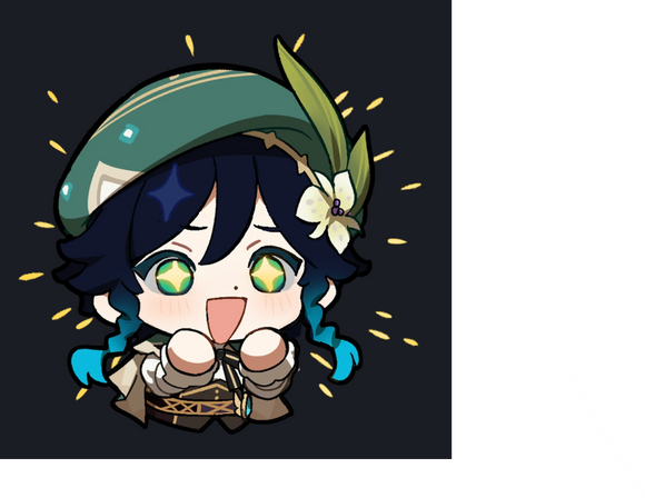Venti Expectant Sticker by StickerYou, featuring a cute, chibi-style character with bright green eyes, wearing a green hat adorned with a feather and a flower. The character expresses joy with an open smile and outstretched hands, surrounded by playful sparkles against a dark background.