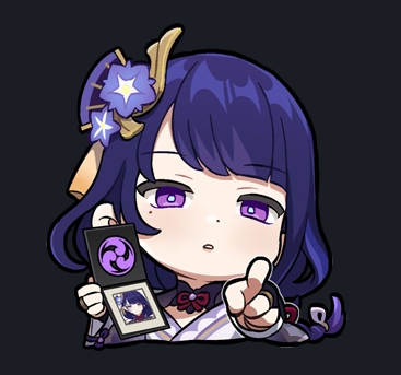 A colorful cartoon-style sticker of Raiden Shogun, featuring a girl with dark blue hair and purple eyes, holding a card and pointing. The design showcases her distinct outfit and a decorative hairpiece with a star motif.