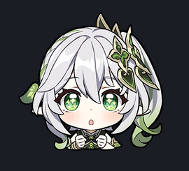 Colorful sticker featuring a cute, cartoon-style illustration of Nahida with large green eyes and white hair adorned with green leaves. The character has a surprised expression and is dressed in a decorative outfit, perfect for personalizing notebooks, water bottles, or any creative project.