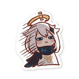 A cute sticker featuring a disappointed character with white hair and a halo, dressed in a black scarf and stylized outfit. The character has a subtle pout and a blank stare, surrounded by dynamic lines illustrating exasperation.