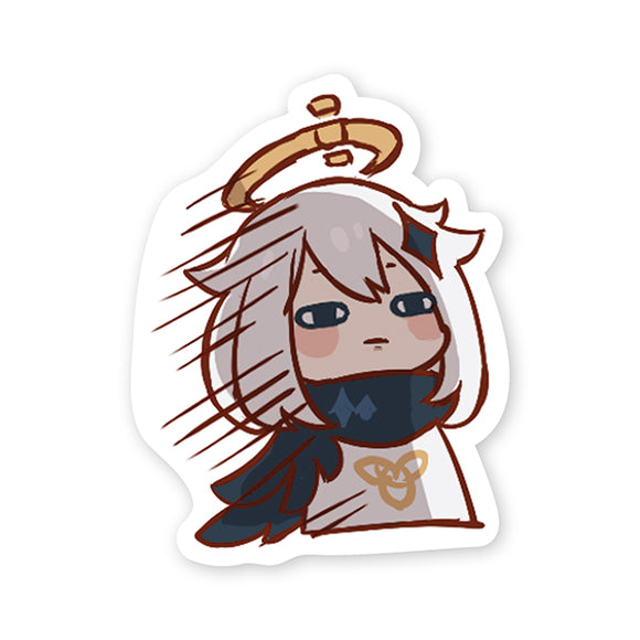 A cute sticker featuring a disappointed character with white hair and a halo, dressed in a black scarf and stylized outfit. The character has a subtle pout and a blank stare, surrounded by dynamic lines illustrating exasperation.