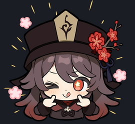 A colorful and playful sticker featuring Hu Tao, a character with dark hair and a distinctive hat adorned with flowers. She is winking and making a playful gesture with her hands, surrounded by pink cherry blossom petals and bursts of light, perfect for personalizing your belongings.