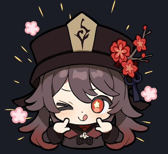 A colorful and playful sticker featuring Hu Tao, a character with dark hair and a distinctive hat adorned with flowers. She is winking and making a playful gesture with her hands, surrounded by pink cherry blossom petals and bursts of light, perfect for personalizing your belongings.