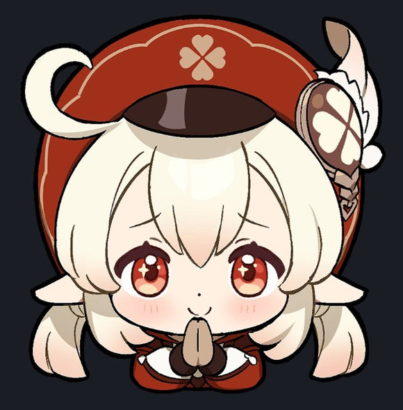 Klee Pleeeease Sticker from StickerYou featuring an adorable chibi character with big eyes, light blonde hair, and a signature red hat adorned with a leaf pattern. The character has a playful expression, praying hands, and a cute design perfect for personalizing items or decorating spaces, showcasing a whimsical and playful theme.