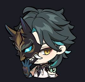 A vibrant sticker of Xiao, a character from Genshin Impact, featuring him half-turned with a stylized fox mask in hand. The design highlights his unique hairstyle and piercing gaze, set against a dark background, making it an eye-catching addition for fans.