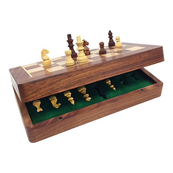 A beautifully crafted 12-inch folding chess set from Autruche featuring wooden pieces in contrasting light and dark colors. The set is neatly housed in a wooden case with a green felt interior for piece storage, showcasing the chessboard on top with several pieces positioned for play.