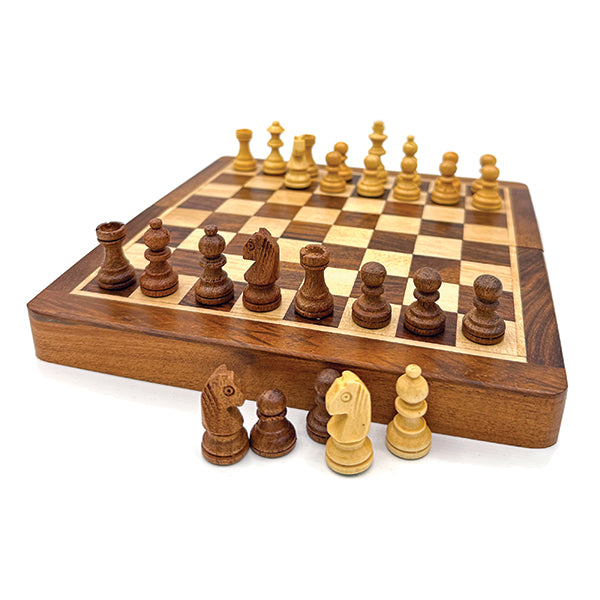 A beautifully crafted 12-inch folding chess set by Autruche. The chessboard features a classic checkered pattern with finely detailed wooden pieces in natural and dark finishes. The set allows for easy storage and transport, making it perfect for traveling chess enthusiasts and casual players alike.