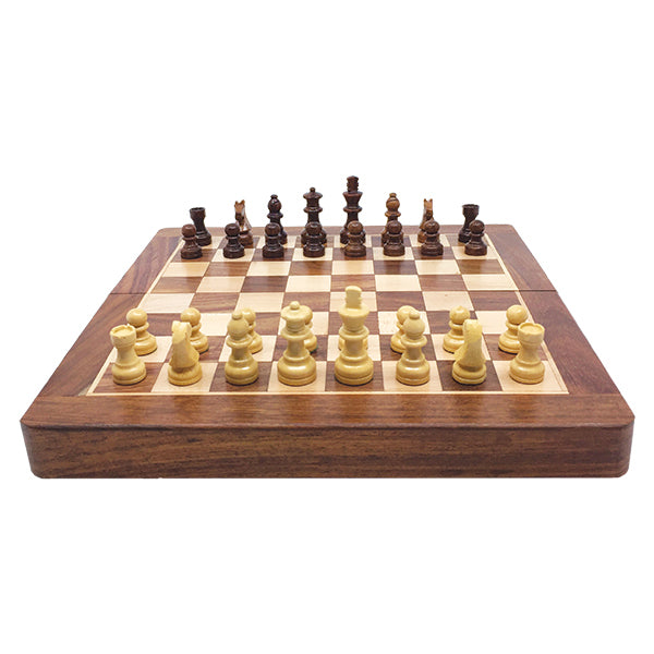 A 13.8-inch folding chess set featuring a wooden board with alternating light and dark squares. The set includes intricately designed chess pieces in shades of cream and dark brown, positioned for play. The board showcases a classic design, perfect for both beginners and seasoned players, and can be easily stored or transported thanks to its folding feature.