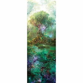 A beautifully illustrated jigsaw puzzle featuring a mystical tree surrounded by colorful, ethereal elements. The vibrant colors blend greens, blues, and purples, creating an enchanting forest scene that captures the essence of nature and fantasy.
