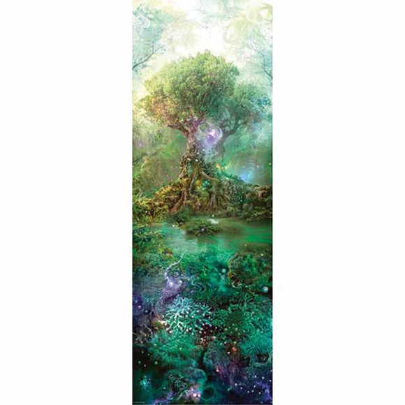 A beautifully illustrated jigsaw puzzle featuring a mystical tree surrounded by colorful, ethereal elements. The vibrant colors blend greens, blues, and purples, creating an enchanting forest scene that captures the essence of nature and fantasy.