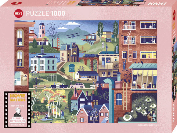 A colorful jigsaw puzzle box titled 'Movie Master, Hitchcock Films' by Heye, featuring a whimsical illustration depicting iconic scenes from Alfred Hitchcock's movies. The design includes various buildings, characters, and references to his films, inviting puzzlers to explore and assemble a 1000-piece challenge.