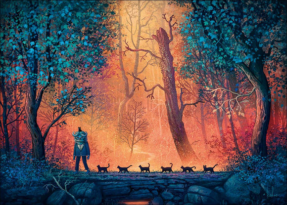 A whimsical jigsaw puzzle titled 'Woodland March' featuring a mystical forest scene with vibrant colors. A figure in a detailed outfit stands among colorful trees, accompanied by several cats. The enchanting background blends warm oranges and cool blues, creating a magical atmosphere.
