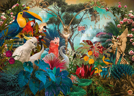 A vibrant jigsaw puzzle titled 'Birdiversity' by Heye featuring an intricate collage of tropical birds, exotic plants, and floral elements. The artwork showcases a variety of colorful birds such as toucans and cockatoos surrounded by lush greenery, vibrant flowers, and ornate decorative details, creating a rich and immersive scene.