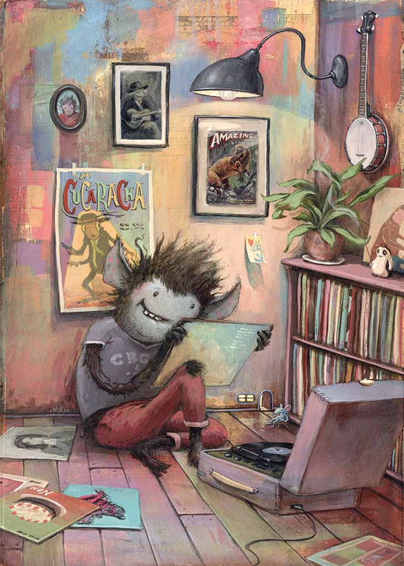 A whimsical illustration featuring a friendly monster sitting on the floor of a cozy room. The creature has messy hair and is examining a vinyl record. Surrounding it are various vinyl records scattered on the floor, a turntable playing music, and shelves filled with more records. The room features colorful walls adorned with framed posters and a green plant, creating a warm and inviting atmosphere.