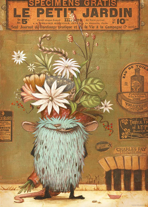 A colorful jigsaw puzzle titled 'Surprise!' by Heye, featuring a whimsical character with a furry blue body and a large bouquet of flowers atop its head, set against a vintage-style background with various botanical elements and labels.