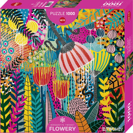 A vibrant jigsaw puzzle box titled 'Beautiful Futures' by Heye, featuring a colorful, intricate illustration of various flowers, plants, and abstract shapes. The design includes bold colors such as pink, yellow, blue, and green, showcasing artistic elements that create a lively and whimsical atmosphere. Ideal for puzzle enthusiasts who enjoy detailed artwork.