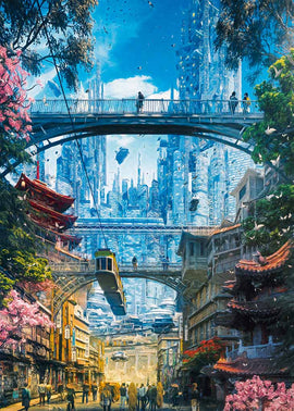 A vibrant jigsaw puzzle titled 'Markets District' by Heye, featuring a stunning blend of futuristic and traditional architecture, lush greenery, and blossoming cherry trees, capturing a bustling city scene with people exploring under a bright blue sky, intricate bridges, and advanced hover transportation.