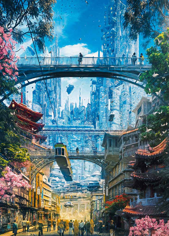 A vibrant jigsaw puzzle titled 'Markets District' by Heye, featuring a stunning blend of futuristic and traditional architecture, lush greenery, and blossoming cherry trees, capturing a bustling city scene with people exploring under a bright blue sky, intricate bridges, and advanced hover transportation.