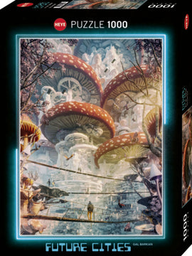 Shroomland jigsaw puzzle by Heye featuring an imaginative scene of a futuristic city interspersed with large, vibrant mushrooms. The artwork is colorful and intricate, suitable for puzzle enthusiasts. The box states '1000 pieces' and includes a captivating landscape filled with fantastical structures.