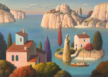 Melody jigsaw puzzle by Heye featuring a serene landscape with colorful houses, a statue overlooking a tranquil lake, and scenic cliffs in the background. The puzzle captures a blend of nature and architecture, ideal for relaxing and engaging family entertainment.