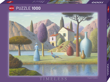 Heye's jigsaw puzzle 'Lady in Blue' features a serene landscape depicting a woman in a blue dress standing by a calm lake with colorful trees and a quaint house in the background. The artwork is created by Evgeni Gordiets and is part of the Timeless collection, designed for puzzle enthusiasts.