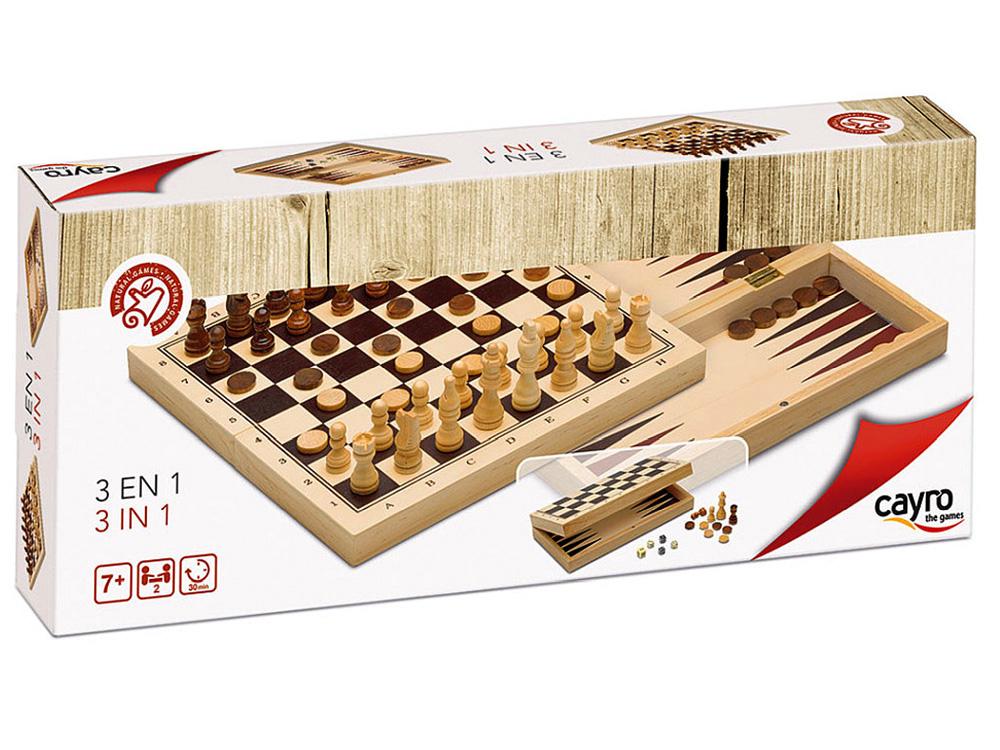 Cayro 3 Game Set featuring a 3-in-1 design that includes chess, checkers, and backgammon. The packaging showcases a beautifully crafted wooden game board with pieces neatly arranged and ready for play. Ideal for family game nights and enhancing strategic thinking skills.