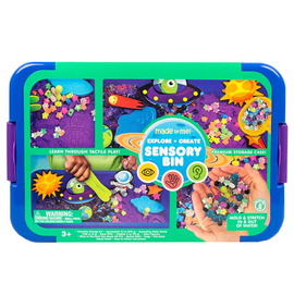 The Galaxy Sensory Bin features a colorful and engaging layout filled with various tactile elements like stars, planets, and colorful beads. The container emphasizes hands-on learning and creativity, encouraging children to explore textures and shapes. It includes a premium storage case and is suitable for ages 3 and up.