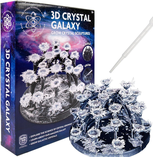 3D Crystal Galaxy DIY kit by U.S. Toy, featuring a vibrant box design showcasing crystal-growing activities. The kit includes a detailed model of a galaxy with white crystalline structures on a dark base, and a dropper for adding water. Ideal for STEM learning, encouraging exploration in crystal growth science.