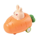 A cute toy featuring a carrot-shaped vehicle with a smiling bunny character inside. The carrot is orange with green tail details and rolling wheels, perfect for imaginative play.