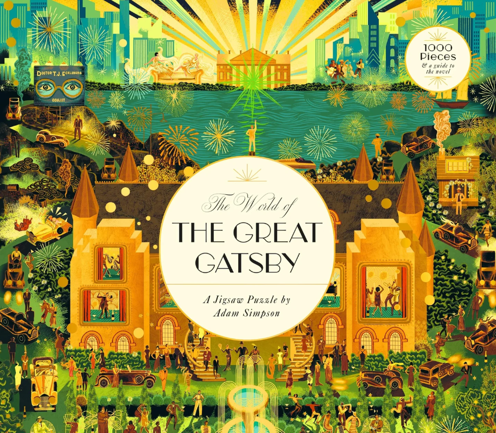 The World of the Great Gatsby jigsaw puzzle featuring vibrant art that showcases iconic scenes from the novel, including extravagant parties, vintage cars, and a lively cityscape, consisting of 1000 pieces and a guide to the story.