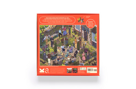 The World of Miss Marple jigsaw puzzle by Laurence King Publishing. The box features an intricate illustration of a garden scene filled with characters engaged in various activities, embodying the mystery theme of Agatha Christie's works. The back cover highlights the puzzle details and includes a fold-out poster with a guide to the clues in the design.