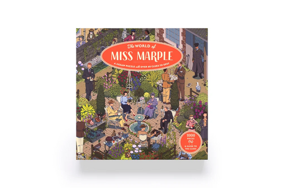 The World of Miss Marple jigsaw puzzle designed by Laurence King Publishing. Featuring a colorful garden scene with characters, over 60 clues to spot, and 1000 pieces for a challenging and engaging experience.