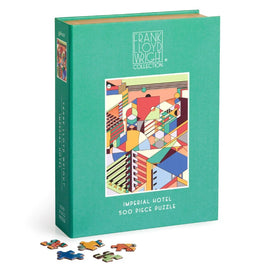 A vibrant jigsaw puzzle featuring the Imperial Hotel design by Frank Lloyd Wright. The packaging showcases bold, geometric patterns in various colors, with a stylish teal background. Several colorful puzzle pieces are scattered in front of the box, highlighting the 500-piece count. Perfect for architecture enthusiasts and puzzle lovers.