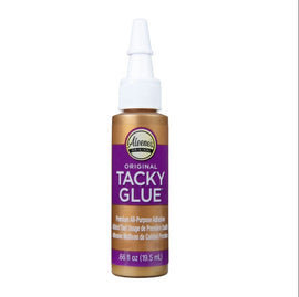 A bottle of Aleene's Tacky Glue, 0.66 oz, featuring a clear plastic squeeze nozzle and a gold and purple label that reads 'Original Tacky Glue.' This all-purpose adhesive is designed for various craft projects, ensuring a strong and lasting bond for paper, fabric, and other materials.