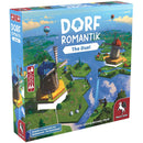 The Dorfromantik Duel board game by PEGASUS SPIELE NORTH AMERICA features enchanting graphics of windmills and landscapes. The game box highlights components for a strategic duel experience, aimed at ages 8 and up, designed for 2 players and lasting 30 to 45 minutes. The vibrant art includes illustrations of landscapes, water, and playful characters.