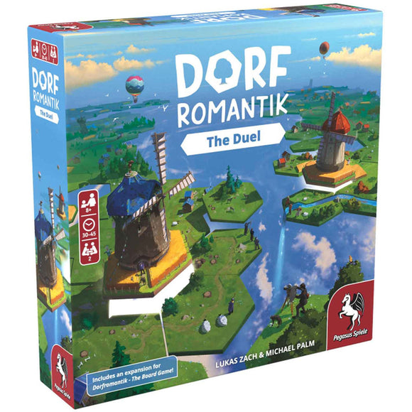 The Dorfromantik Duel board game by PEGASUS SPIELE NORTH AMERICA features enchanting graphics of windmills and landscapes. The game box highlights components for a strategic duel experience, aimed at ages 8 and up, designed for 2 players and lasting 30 to 45 minutes. The vibrant art includes illustrations of landscapes, water, and playful characters.