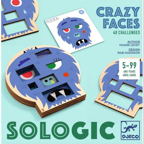 Crazy Faces Sologic by DJECO features a whimsical, mechanical puzzle designed for ages 5 to 99. The puzzle includes various face shapes with cutouts and cards displaying different challenge levels, encouraging creative thinking and problem-solving skills. The colorful illustrations include silly monster faces, engaging players in visual recognition and logic.